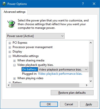 Panneau de configuration des options d'alimentation