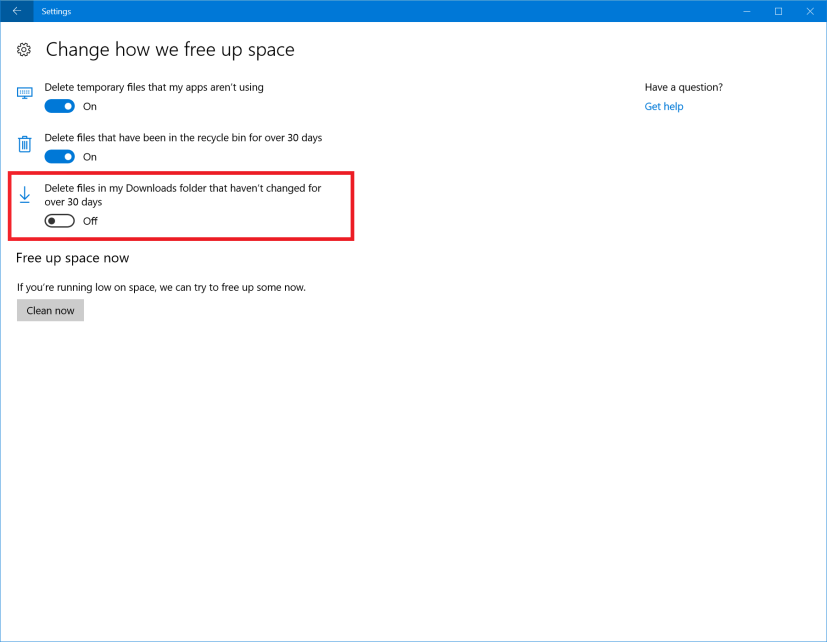 Option du dossier Téléchargements de Storage Sense