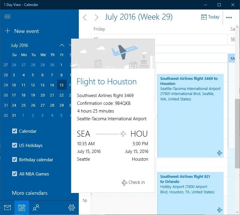 Réservations de voyage et livraisons de colis du calendrier Windows 10