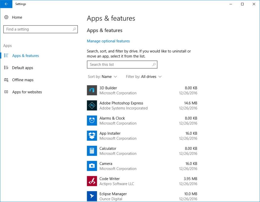 Section Applications Windows 10 build 14997 sur les paramètres