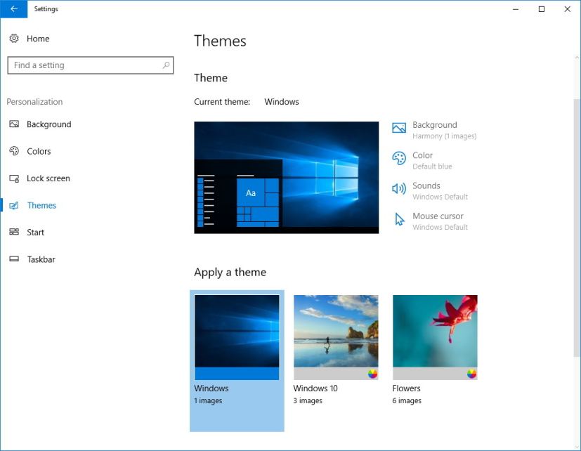 Section des paramètres des thèmes dans la mise à jour Windows 10 Creators