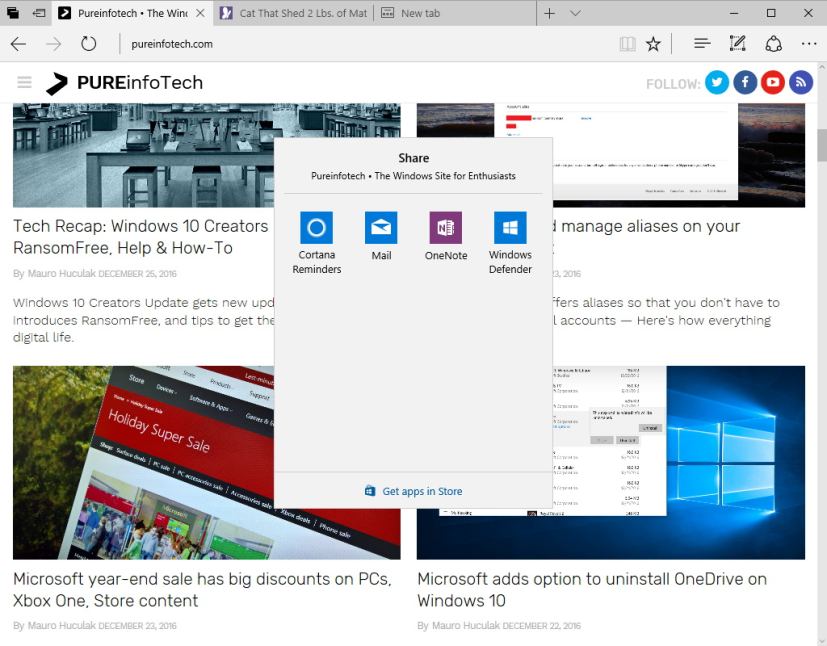 Interface utilisateur de partage Microsoft Edge sur la mise à jour Windows 10 Creators