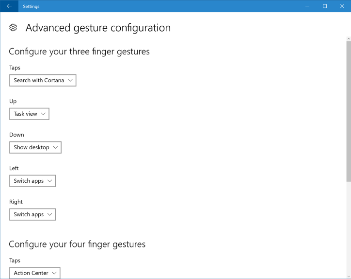 Paramètres avancés du pavé tactile de Windows 10 build 14946