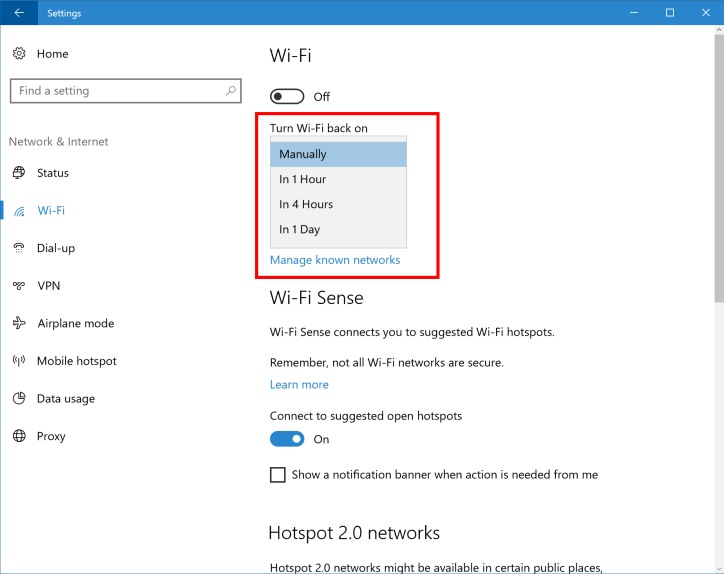 Paramètres Wi-Fi de Windows 10 build 14946