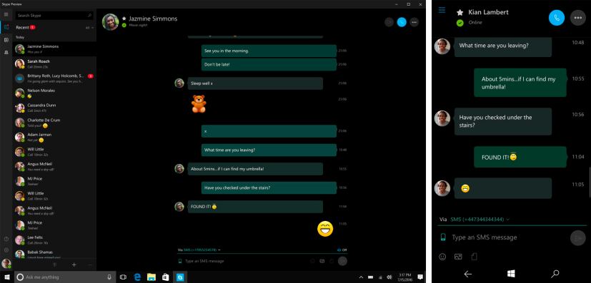 Application Skype avec fonctionnalités SMS et MMS pour Windows 10 Redstone 2