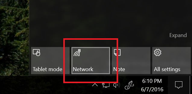 Bouton d'action rapide du réseau sur la build 14361