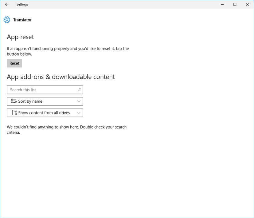 Réinitialisation de l'application sur la mise à jour anniversaire de Windows 10