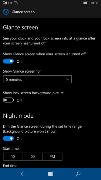 Page des paramètres de l’écran New Glance pour Windows 10 Mobile build 14322