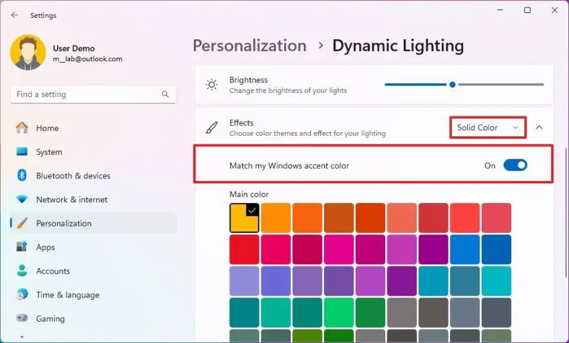 L'éclairage dynamique correspond à la couleur d'accentuation