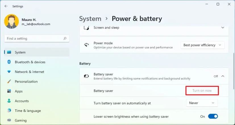 Windows 11 active l'économiseur de batterie