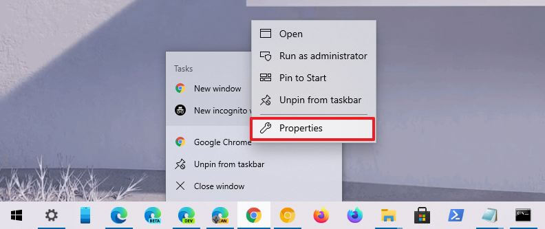 Propriétés du raccourci Chrome