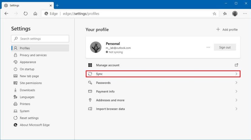 Option de synchronisation Microsoft Edge