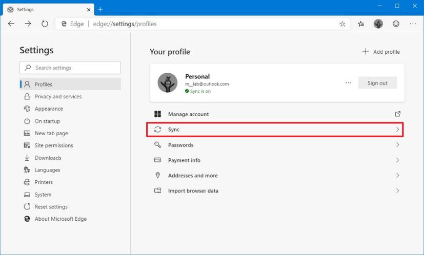 Option de synchronisation du profil Microsoft Edge