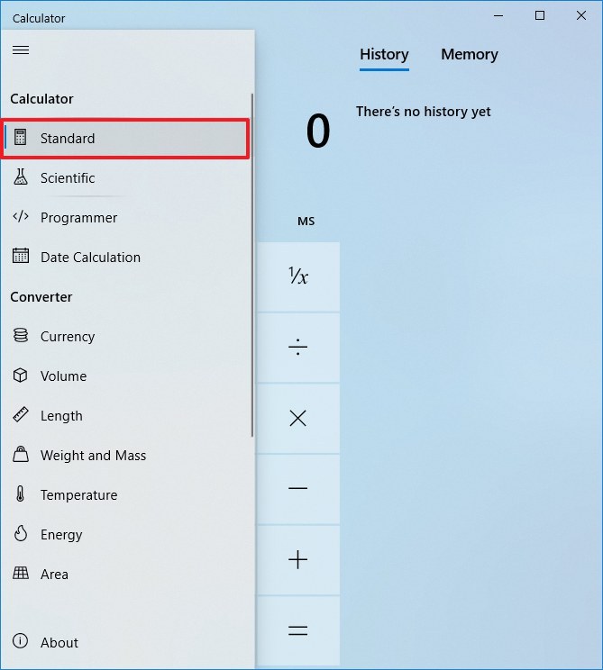 Mode standard de la calculatrice