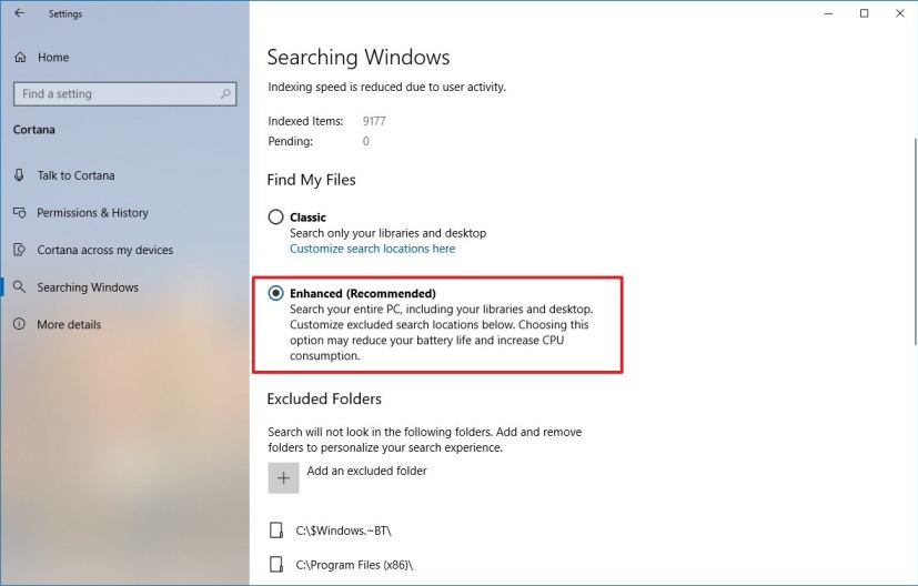 Recherche améliorée de Windows 10 sur la version 1903