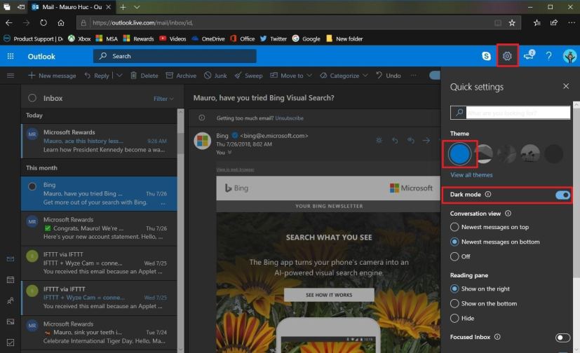 Paramètres du mode sombre pour Outlook.com