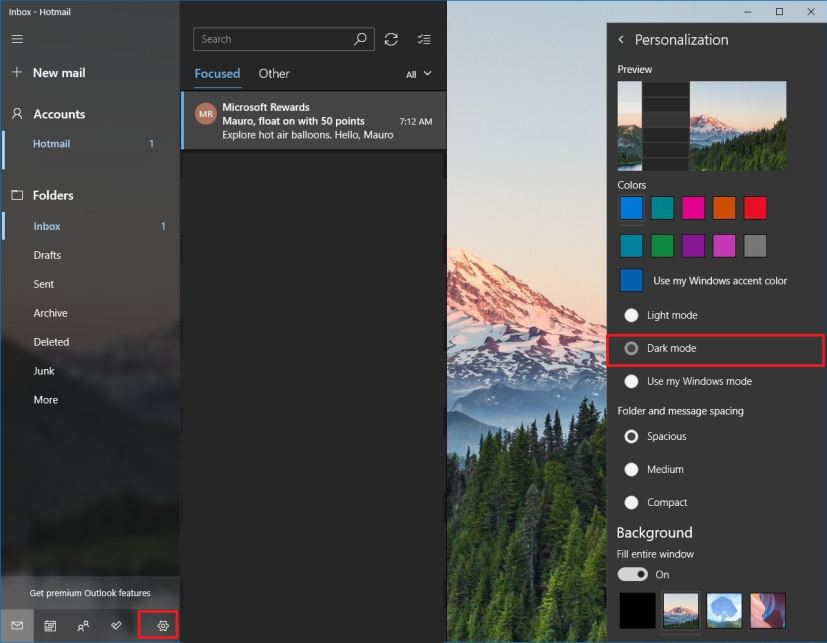 Application de messagerie en mode sombre sous Windows 10