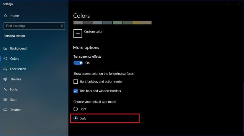 Option de thème sombre des paramètres de couleurs de Windows 10