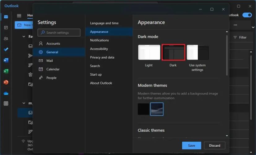Mode sombre d'Outlook