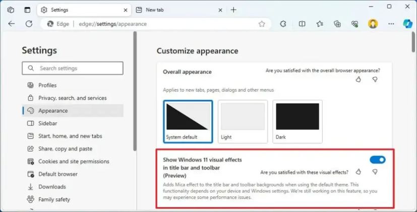 Microsoft Edge active les effets visuels de Windows 11