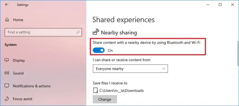 Windows 10 active le partage à proximité à partir des paramètres