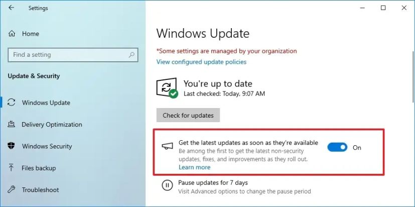 Aperçus de la mise à jour de Windows 10 activés