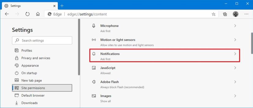 Paramètres d'autorisations du site Microsoft Edge