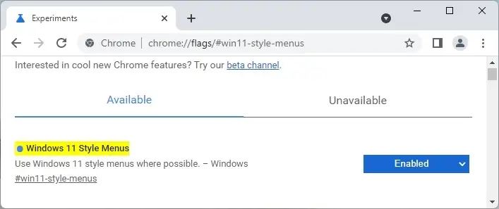 Menu Style de Chrome Windows 11 