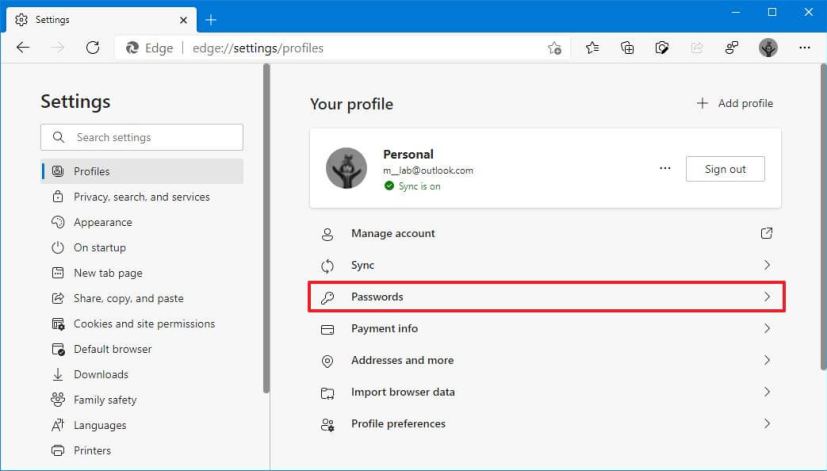 Option de mot de passe Microsoft Edge