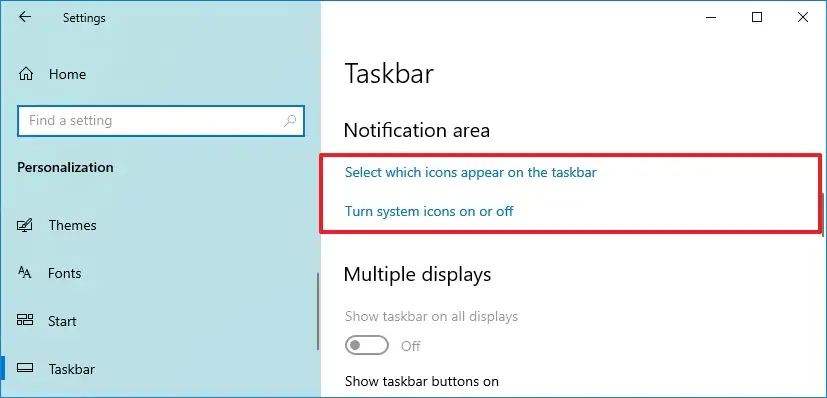 Options de la zone de notification Windows 10