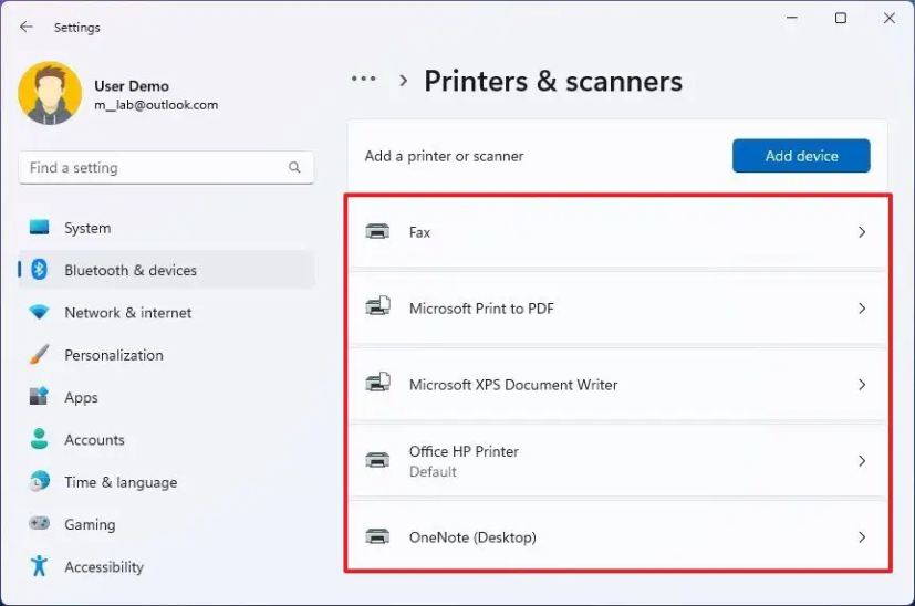 Paramètres Windows 11, vue de toutes les imprimantes