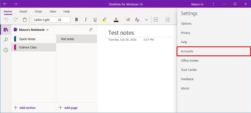 Option de comptes OneNote