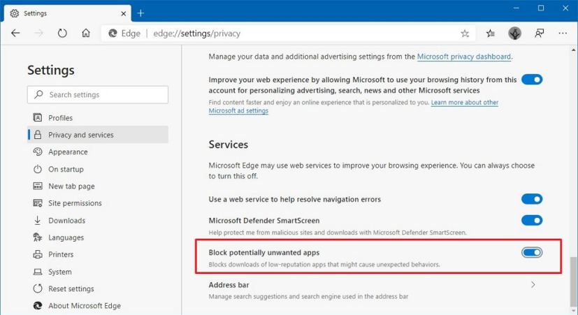 Option de blocage des applications potentiellement indésirables de Microsoft Edge