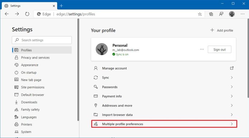 Paramètres du profil Microsoft Edge