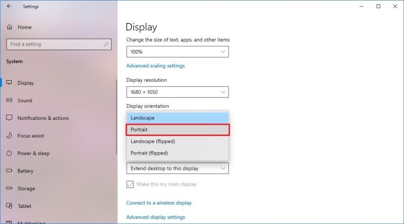 Option portrait sous Windows 10