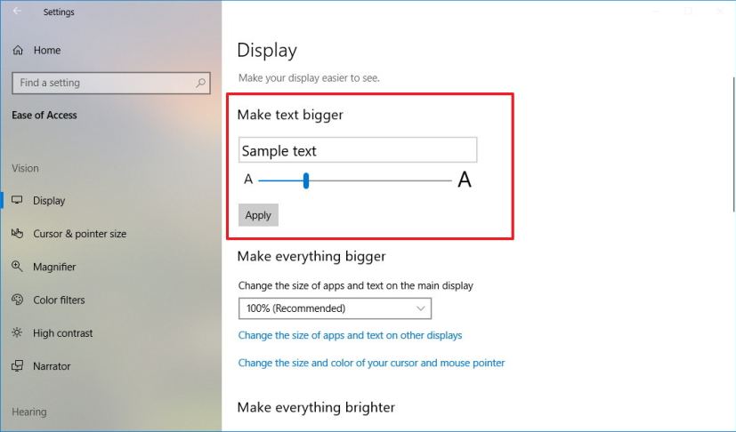 Agrandir les paramètres du texte sous Windows 10 version 1809