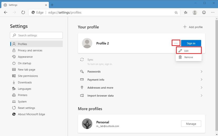 Paramètres de profil sur Microsoft Edge