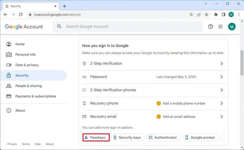 Option Clés d'accès du compte Google