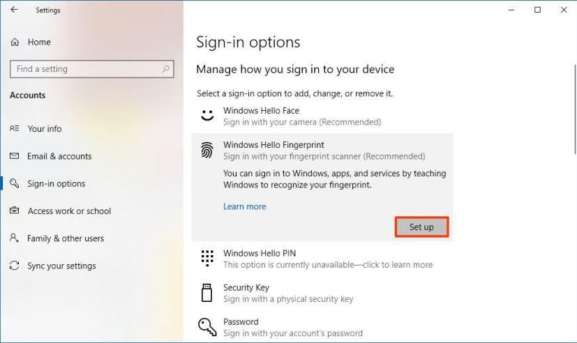 Configurer l'empreinte digitale Windows Hello