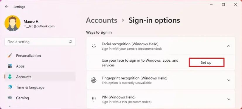 Configuration du visage Windows Hello