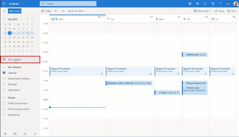 Option Ajouter un calendrier à Outlook