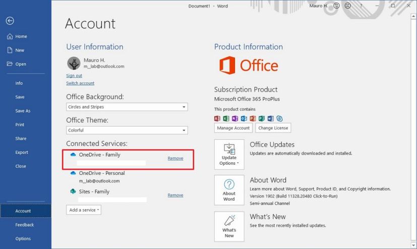 Office (Word) supprime le compte OneDrive