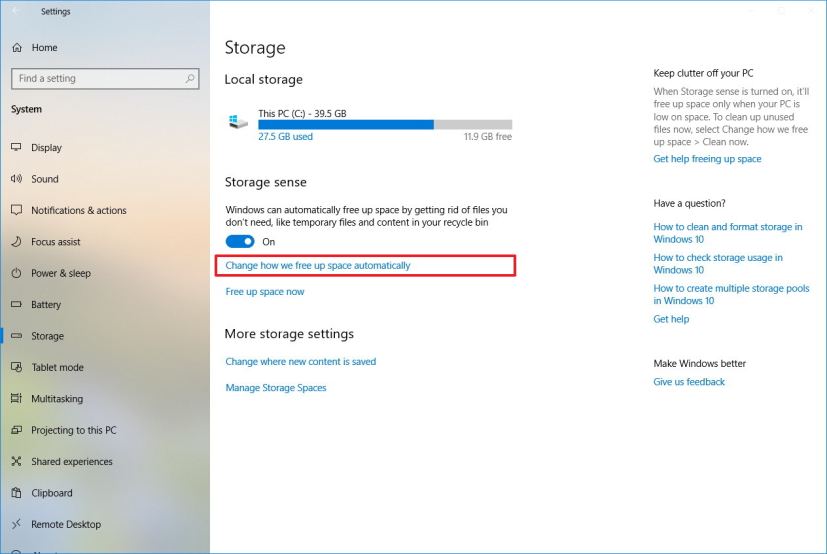 Paramètres de détection du stockage sur Windows 10 version 1809