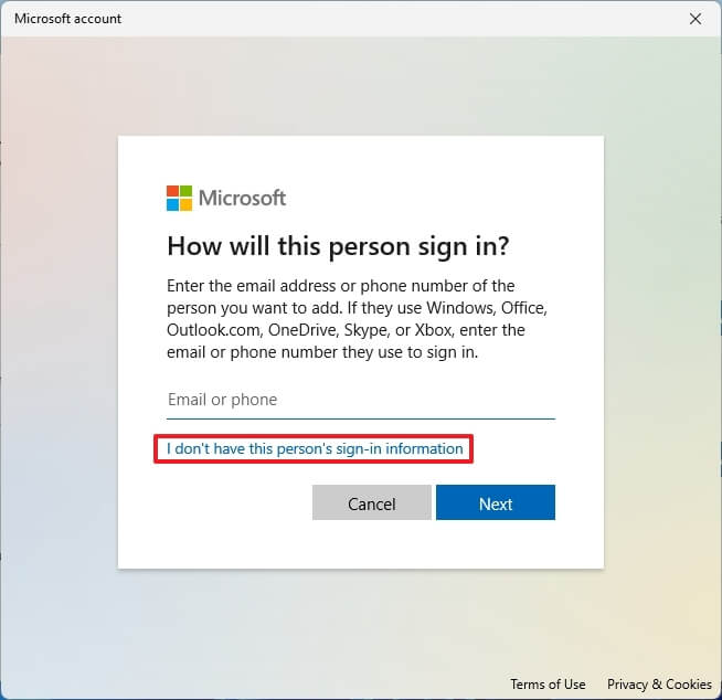 Ignorer l'option de compte Microsoft