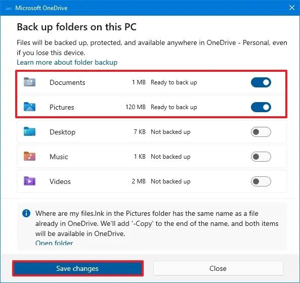 Configuration de la sauvegarde de fichiers OneDrive