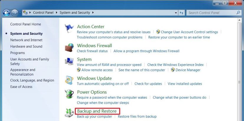 Option de sauvegarde et de restauration de Windows 7