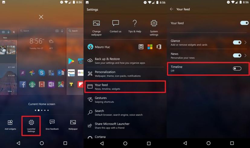 Désactiver la chronologie sur Microsoft Launcher