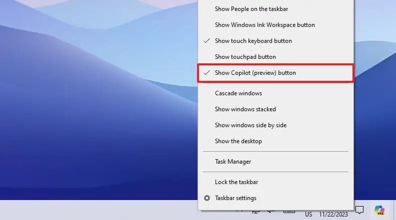 Afficher le bouton Copilot sur Windows 10