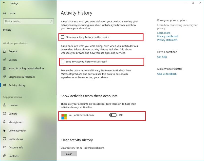 Paramètres de l'historique d'activité pour désactiver TImeline sur Windows 10