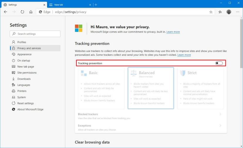 Microsoft Edge désactive le paramètre de prévention du suivi